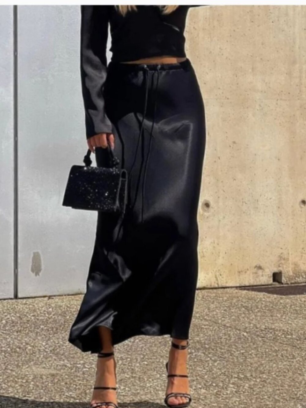Zara black satin effect maxi skirt flowy drawstring M
